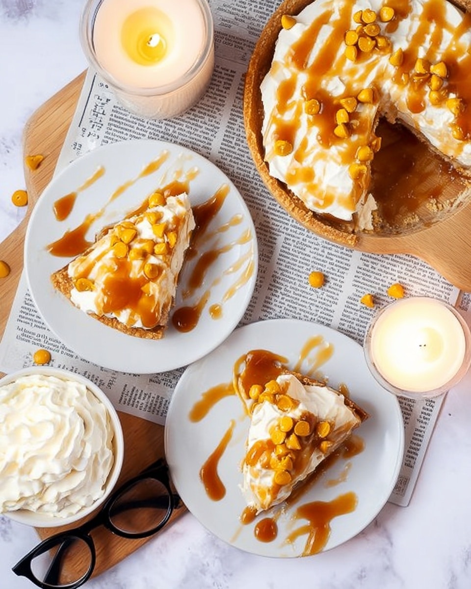 The image shows a pie with a golden crust topped with a thick white cream layer, drizzled generously with sticky caramel sauce and sprinkled with small orange caramel chips. Two slices of the pie are served on white plates placed on a light wooden board and directly on a white marbled surface, each slice featuring the same cream, caramel drizzle, and caramel chips on top. A fork holding a bite is resting on one of the plates. Nearby, a white cup filled with whipped cream and caramel sauce, a lit candle in a white container, and a pair of black round glasses add details. The background has a newspaper-like cloth under the plates and the pie. Photo taken with an iphone --ar 4:5 --v 7