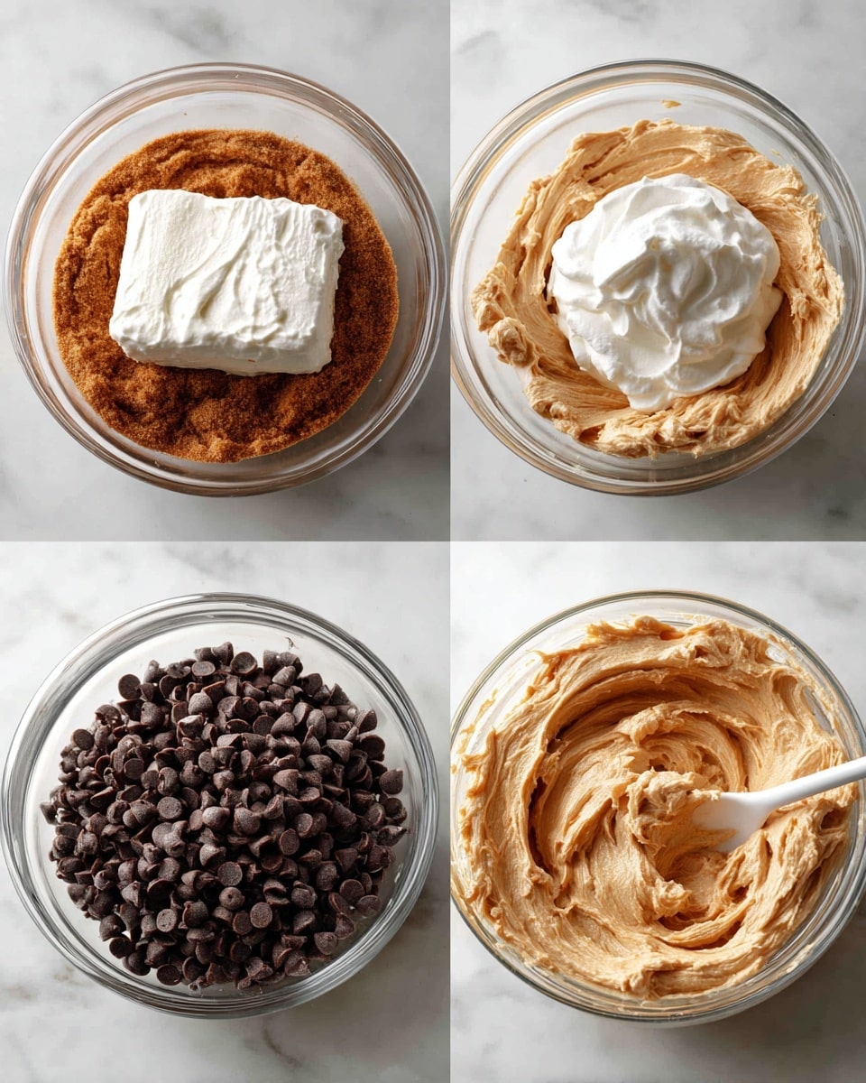 A clear glass bowl is shown from above with a large block of cream cheese on top of brown sugar at the bottom against a white marbled surface. Next, the same bowl shows a smooth, light tan mixture with a dollop of white whipped cream on top. Then, the bowl contains the whipped and mixed light tan cream cheese and sugar mixture with a pile of dark brown chocolate chips in the center. Finally, the chocolate chips are mixed in lightly with a white spatula inside the creamy light tan mixture in the clear glass bowl, all set on a white marbled background. Photo taken with an iphone --ar 4:5 --v 7