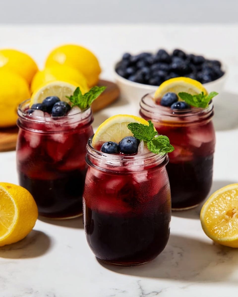A clear glass jar filled with a deep red drink that has ice cubes floating at the top, with dark blue blueberries partly submerged and resting on the ice. A bright yellow lemon wedge with a small green basil leaf is placed on the rim of the jar. The jar sits on a white marbled surface with a few scattered blueberries visible around it. The drink shows slight condensation on the glass, indicating it is cold. photo taken with an iphone --ar 4:5 --v 7