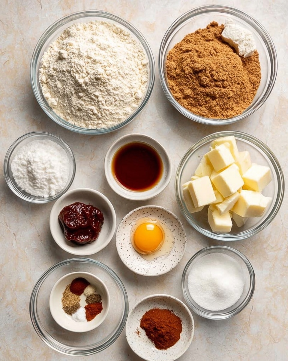 The image shows nine clear glass bowls and one white bowl with baking ingredients arranged on a white marbled surface. Three larger glass bowls hold different powders: one is filled with flour, another with light brown sugar packed tight in two small discs, and the last has soft white cubes of butter. A smaller glass bowl contains fine white sugar, while another has reddish-brown cinnamon powder. A white bowl holds one egg yolk. A tiny spotted bowl contains dark amber vanilla extract, and another small white bowl holds thick, dark reddish-brown paste. A small round white dish contains three types of spices and a white powder, all measured separately in small piles. The bowls are neatly spaced with some overlapping shadows visible. photo taken with an iphone --ar 4:5 --v 7