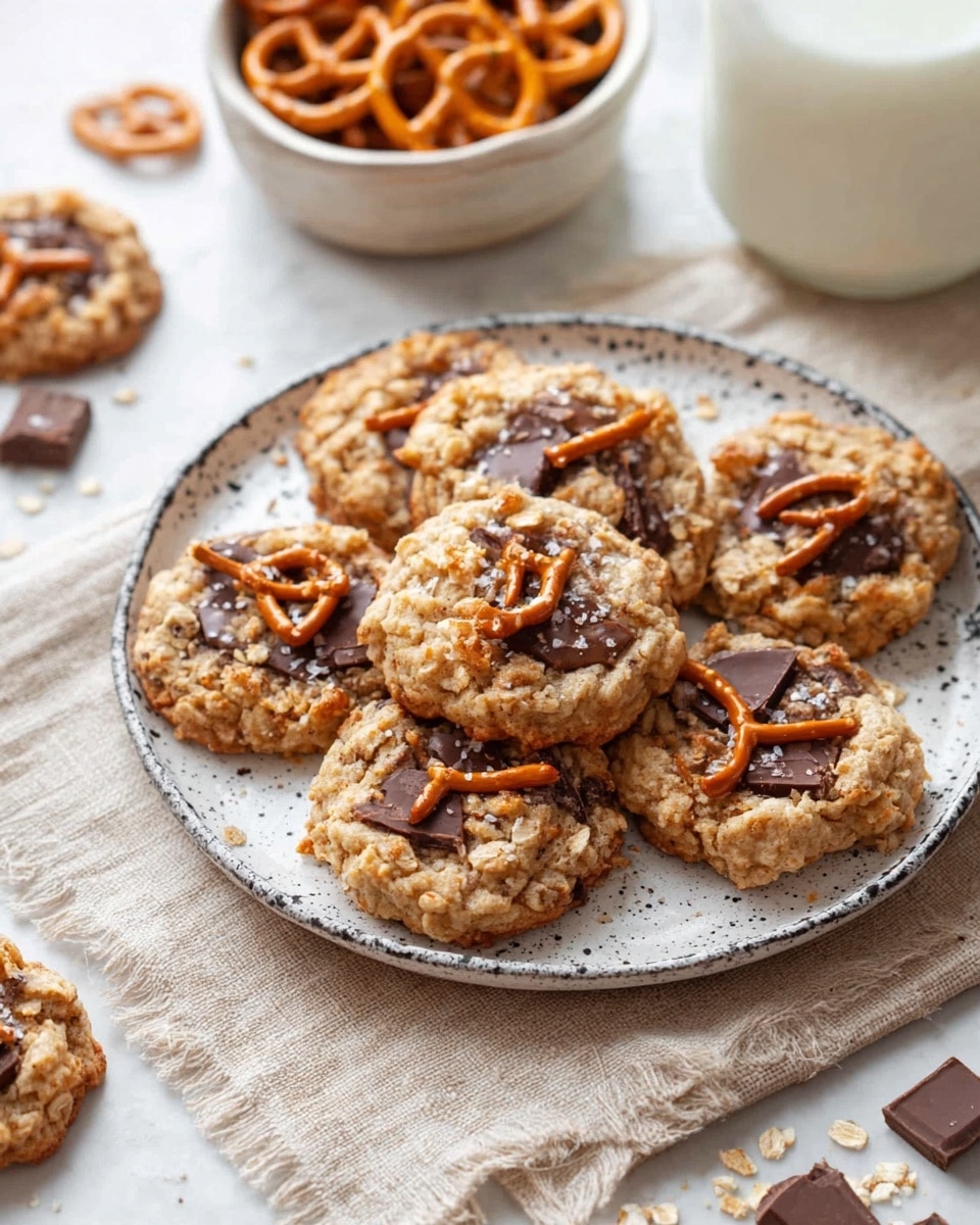 A white plate with black speckled lines holds seven round cookies. Each cookie has a light brown base with visible small oats and chunks of dark brown chocolate on top. Thin, broken pieces of pretzel with a shiny, golden-brown color are scattered across each cookie. The plate sits on a light beige cloth with a rough texture. Around the plate, a white bowl with more pretzels, a few loose pretzels, and small crumbs and chocolate pieces are set on a white marbled surface. Part of a white jar is in the background. Photo taken with an iphone --ar 4:5 --v 7
