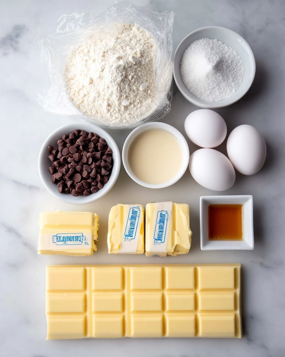 The image shows ingredients arranged on a white marbled surface. At the top, there is a clear plastic bag with white flour inside. Below the flour, two small white bowls hold dark brown chocolate chips on the left and white powdered sugar on the right. Four white eggs are placed around these bowls, with two on each side. In the center, a small white bowl contains a light cream-colored liquid, while another small white square dish to its right holds a golden-brown liquid, probably vanilla extract. Below them, two sticks of yellow butter with blue labels are placed side by side. At the bottom is a large white chocolate bar divided into rectangular segments. The overall arrangement is neat and symmetrical. photo taken with an iphone --ar 4:5 --v 7