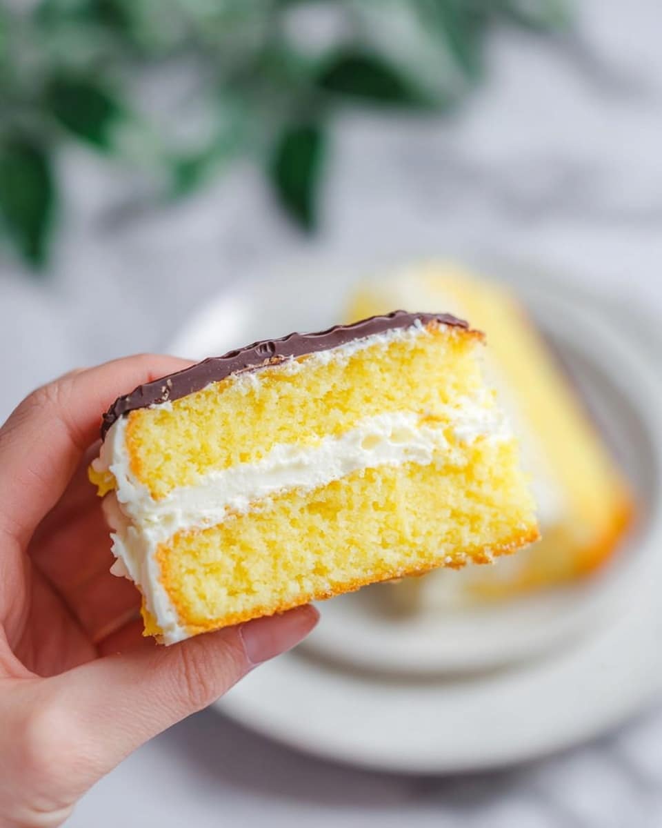 A close-up of a woman's hand holding a slice of yellow layered cake with two visible layers of bright yellow sponge and two layers of white creamy frosting in between. The cake is coated with a thin layer of dark chocolate on top, and the texture looks soft and moist. In the background, on a white plate with a white marbled surface beneath, there is another piece of cake that is blurry and out of focus, along with some green leaves adding a natural touch to the scene. The photo is bright and clear, showing fine details of the cake's layers and textures. photo taken with an iphone --ar 4:5 --v 7