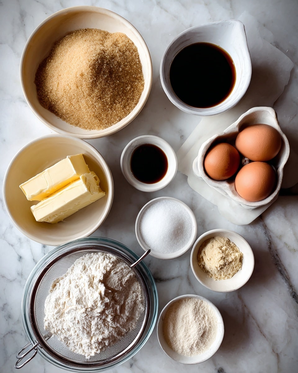 The image shows many baking ingredients arranged on a white marbled surface. At the top left, there is a bowl filled halfway with light brown sugar and white sugar side by side. To its right, a small white bowl holds a dark liquid, likely vanilla extract. Next to it is a white ceramic container holding three brown eggs. Below the vanilla, a light-colored bowl contains three sticks of pale yellow butter stacked on one another. Toward the bottom, a metal sieve with a rounded handle sits on top of a glass bowl filled with white flour. Near the bottom right corner, two small white bowls hold a white crystalline substance and a pale brown powder. The setup looks ready for baking preparation. Photo taken with an iphone --ar 4:5 --v 7