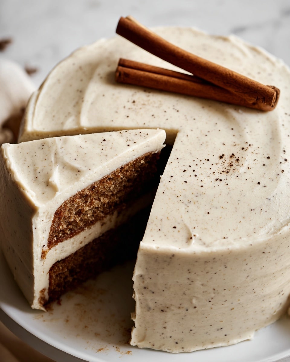 A two-layer round cake sits on a white plate with smooth, light beige frosting that covers the entire cake evenly, showing small dark specks throughout the frosting. The inside layer is dark brown, visible through a sliced wedge being taken out. On top of the cake, two whole cinnamon sticks lie flat, adding a rustic touch. The background is a white marbled texture. photo taken with an iphone --ar 4:5 --v 7