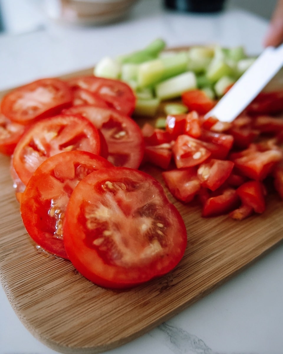 A close-up of a wooden cutting board placed on a white marbled surface holding freshly sliced vegetables. The front left side shows several round slices of red tomato with visible seeds and soft interior texture, while to the right, there are roughly chopped tomato pieces with a mix of red shades. Behind the tomatoes, there are small celery sticks showing a pale green color. A woman's hand holding a white utensil is visible on the right side near the chopped tomatoes. Photo taken with an iphone --ar 4:5 --v 7
