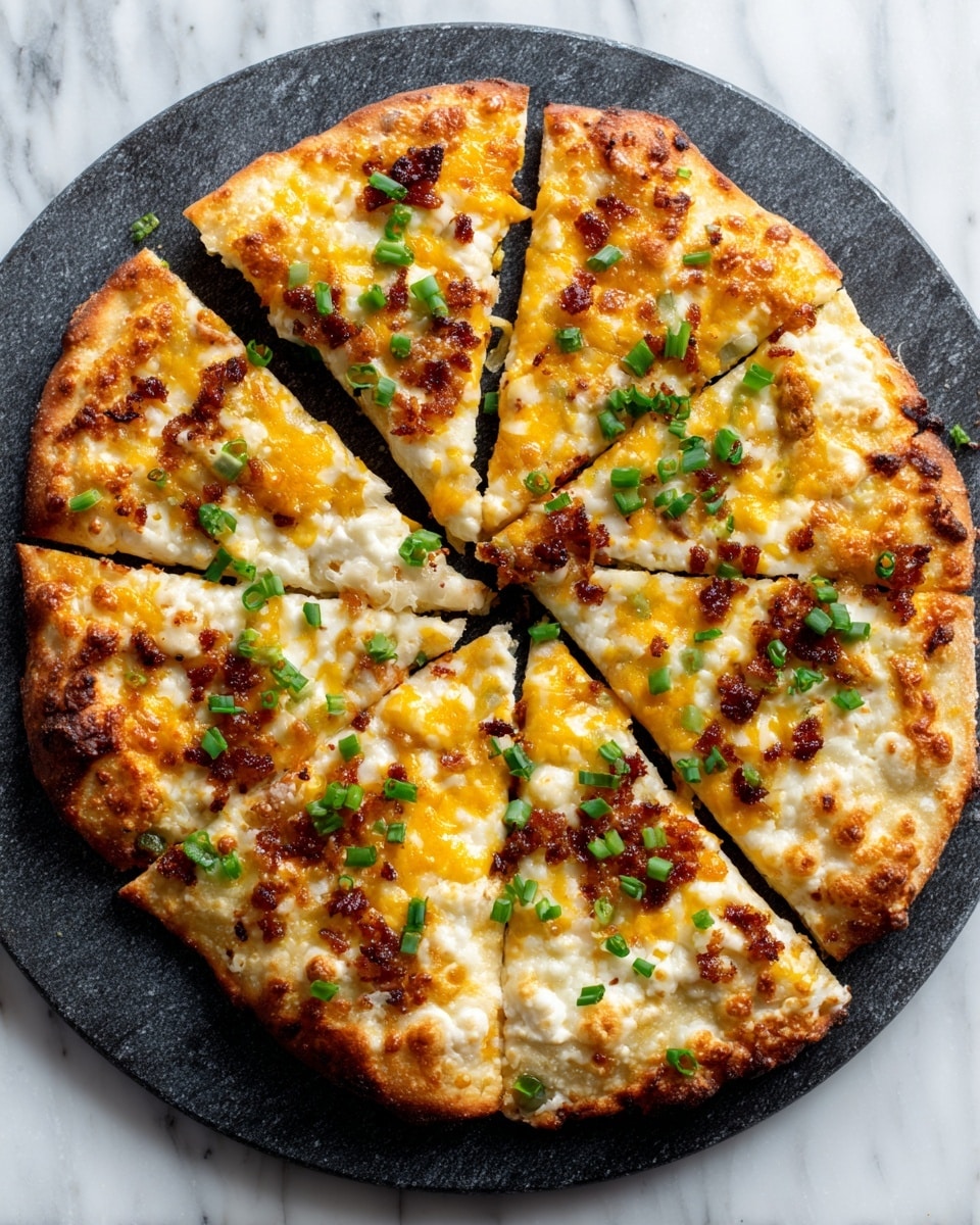 A round pizza is cut into eight slices and placed on a dark round pizza stone, which sits on a white marbled surface. The pizza has a thin crust with a golden-brown edge. The first layer is a melted cheese mix, mainly white with spots of yellow cheddar, covering the entire base. Over the cheese are scattered crispy small brown pieces and bits of green onions placed unevenly, adding pops of green color. The lighting highlights the melted texture of the cheese and the crispy crunch of the toppings. Photo taken with an iphone --ar 4:5 --v 7