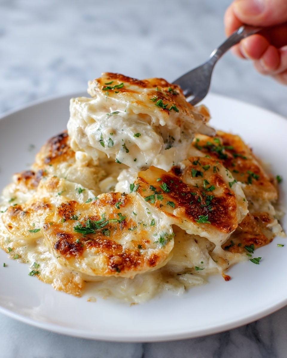 The image shows a close-up of a white plate with one serving of scalloped potatoes. The dish has about three visible layers of thin potato slices that are creamy white with a slightly translucent texture. The top layer is golden brown with melted cheese and small bits of green parsley sprinkled all over it. A silver fork held by a woman's hand is lifting part of the potato stack, showing the soft, creamy inside and baked edges that have a light, crispy brown color. The plate is on a white marbled surface. photo taken with an iphone --ar 4:5 --v 7