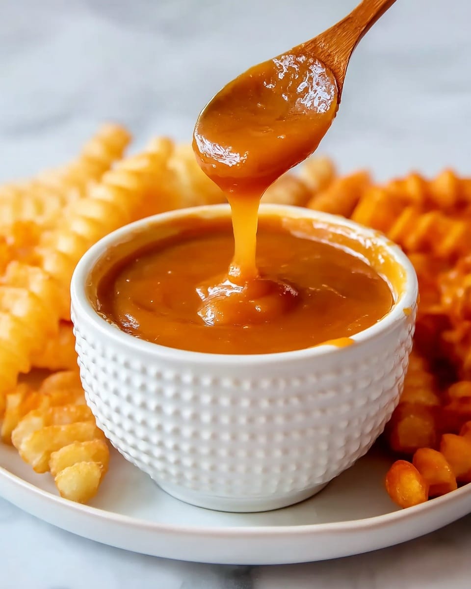 A white textured bowl with raised circles is filled nearly to the top with a smooth, glossy orange sauce. A wooden spoon held by a woman's hand lifts some of the sauce, showing its thick, shiny texture as it drips back into the bowl. The bowl sits on a white plate surrounded by golden crinkle-cut fries and orange-colored curly fries, all placed on a white marbled surface. The scene is bright and warm, capturing the rich color and sheen of the sauce with fries slightly blurred in the background for depth. photo taken with an iphone --ar 4:5 --v 7