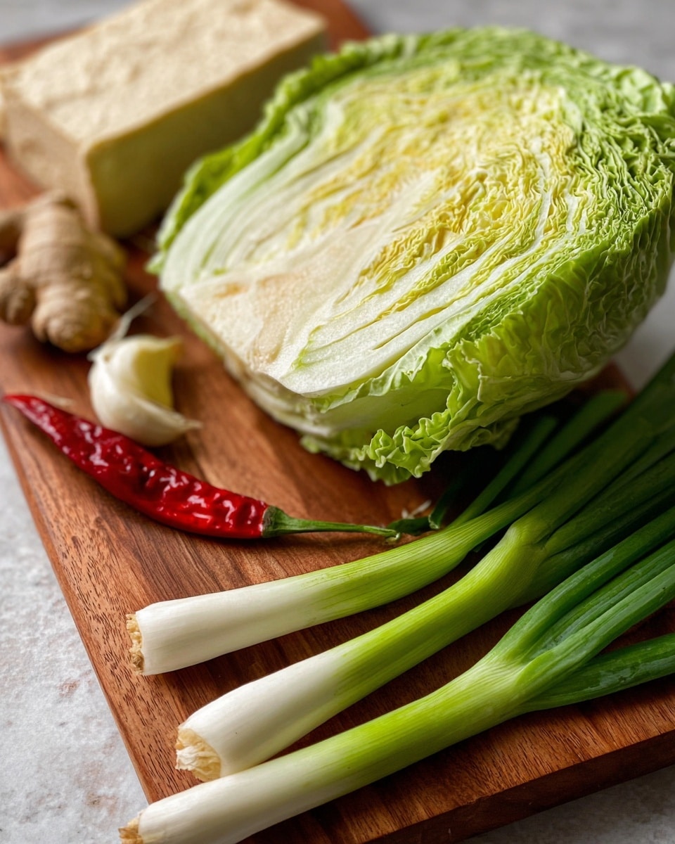 A close-up shot of fresh vegetables on a wooden board with a white marbled texture beneath. The main focus is a quarter piece of green cabbage showing detailed layers from light pale green in the middle to darker green on the edges, placed in the center-right. Below the cabbage are four long green onions with white bottoms and green tops, laid out diagonally across the bottom of the image. To the left of the cabbage is a red chili pepper with a shiny surface, two garlic cloves, and a small piece of ginger root. In the background, a block of tofu is placed out of focus on the wooden board. Photo taken with an iphone --ar 4:5 --v 7