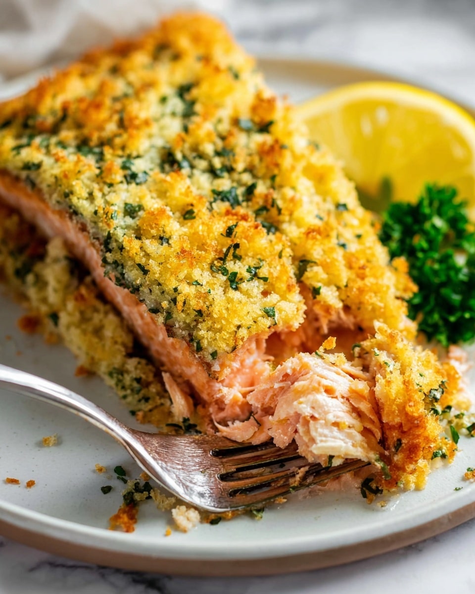 The image shows a close-up of a cooked salmon fillet with a golden, crunchy topping layered with green herbs, placed on a white plate. The top layer is a textured crust that looks crispy and crumbly, while underneath, the salmon layers are moist and pink with visible flakes. A metal fork is pulling a small piece from the bottom right corner of the fillet. To the upper right of the salmon, there is a slice of lemon and a small sprig of green parsley on the white marbled surface visible around the plate. The colors are warm, with golden yellow crust, soft pink fish, and fresh green herbs. Photo taken with an iphone --ar 4:5 --v 7