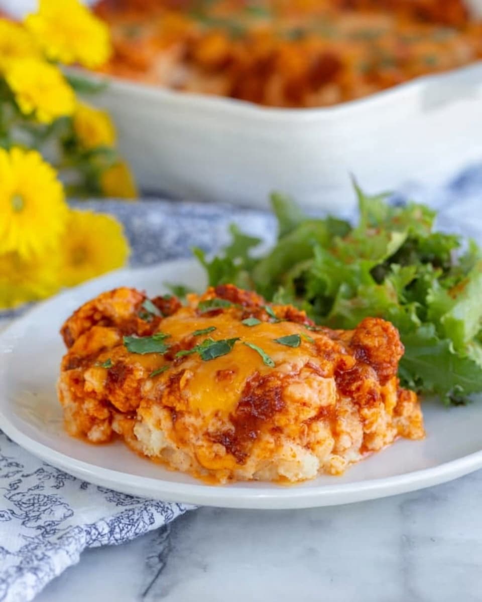 A white plate holds a serving of baked casserole with three visible layers: the bottom layer is light beige, smooth and fluffy, the middle layer is melted orange and white cheese with a creamy texture, and the top layer has browned, chunky pieces covered in tomato sauce with small green herb bits sprinkled on top; next to the casserole, there is a small side of fresh green leafy salad. In the background, there is a white baking dish filled with more casserole, all set on a white marbled surface with a small bunch of bright yellow flowers near the edge. Photo taken with an iphone --ar 4:5 --v 7