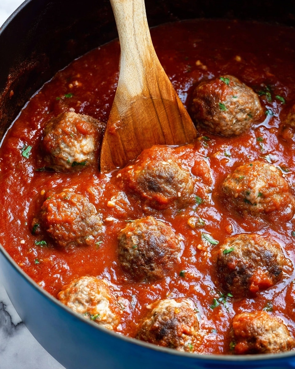 A close-up of a blue pot filled with thick, rich red tomato sauce covering about two-thirds of the height, with a wooden spoon resting on the sauce near the top left. There are about ten round, browned meatballs mixed into the sauce, each showing texture of ground meat and herbs, with some white bits inside. The surface background is a white marbled texture. photo taken with an iphone --ar 4:5 --v 7