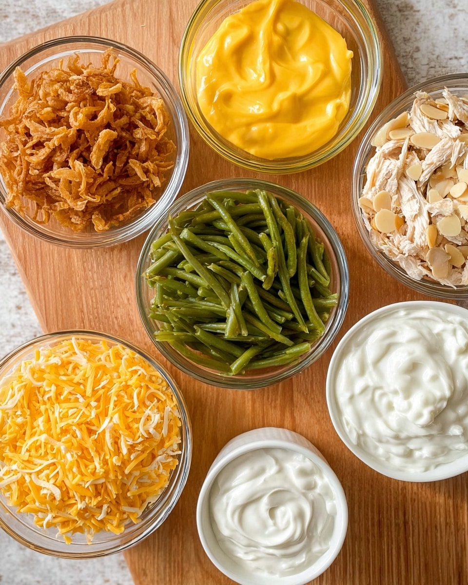 The image shows seven small clear glass and white bowls arranged on a wooden surface. Starting from the top left, a clear glass bowl is filled with light brown crispy fried onions. To its right, another clear glass bowl contains white creamy sour cream. Below, a white bowl has bright yellow cheesy sauce with a smooth texture. Near the center is a clear glass bowl filled with green cooked green beans, long and tangled. Below that, a clear glass bowl holds fluffy white sour cream. To the right, a small white bowl contains slivered pale almond pieces. At the bottom left, a white bowl is filled with finely shredded yellow cheddar cheese, and next to it on the right, a clear glass bowl contains shredded cooked chicken mixed with a light sauce. The background surface is replaced by a white marbled texture. photo taken with an iphone --ar 4:5 --v 7