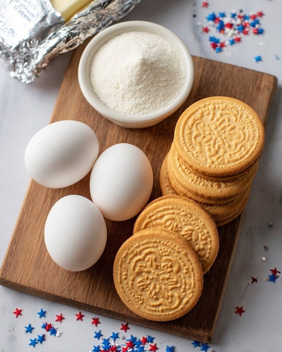 A wooden board on a white marbled surface holds four white eggs with smooth shells placed near the bottom left. Near the center is a small white bowl filled with fine white sugar. To the right side of the board is a stack of filled golden sandwich cookies arranged in two neat rows, showing detailed floral and design patterns on the cookie surfaces. At the top left corner of the board is a silver foil wrapper partially visible, likely holding butter. Scattered on the white marbled surface near the bottom of the board are tiny red, white, and blue star-shaped sprinkles. Photo taken with an iphone --ar 4:5 --v 7