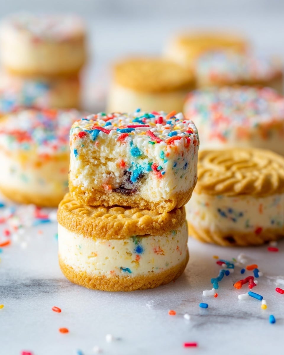 The image shows several small round cakes with two clear layers. The bottom layer is a golden cookie with detailed patterns, while the top layer is a light yellow cake studded with colorful red, blue, and green sprinkles, giving a fun, speckled look. The cakes are stacked on a white marbled surface, with some sprinkles scattered around them. The focus is sharp on the front cakes, showing a soft texture and bright colors, while the background cakes are blurred softly. photo taken with an iphone --ar 4:5 --v 7