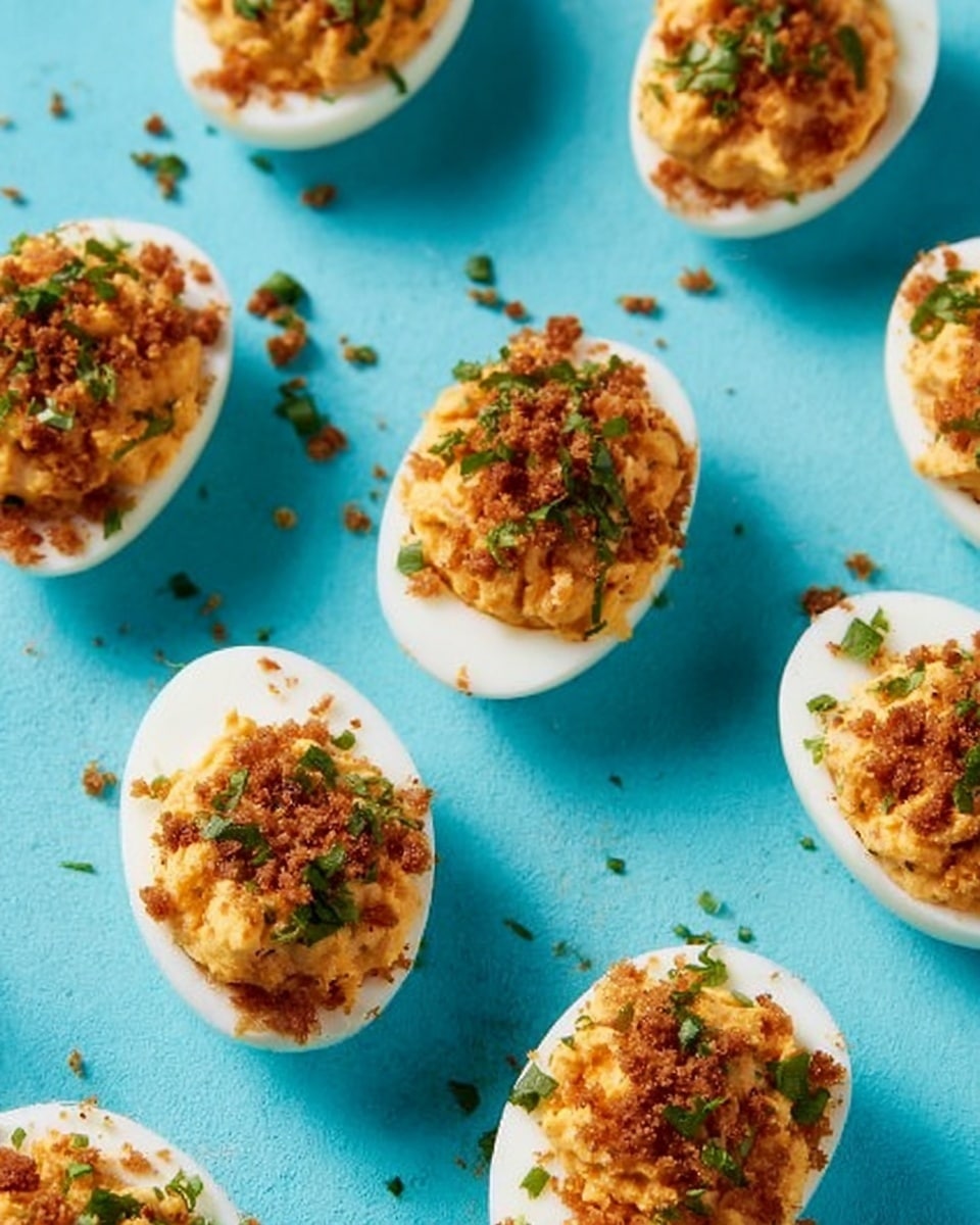 A close-up image of a woman's hand holding a deviled egg half, showing three layers: a smooth white egg white shell on the outside, a creamy pale yellow filling in the middle, and a textured orange-red topping sprinkled with small green herbs on top. The background includes multiple deviled egg halves placed on a white marbled surface, softly blurred to keep the focus on the foreground egg. photo taken with an iphone --ar 4:5 --v 7