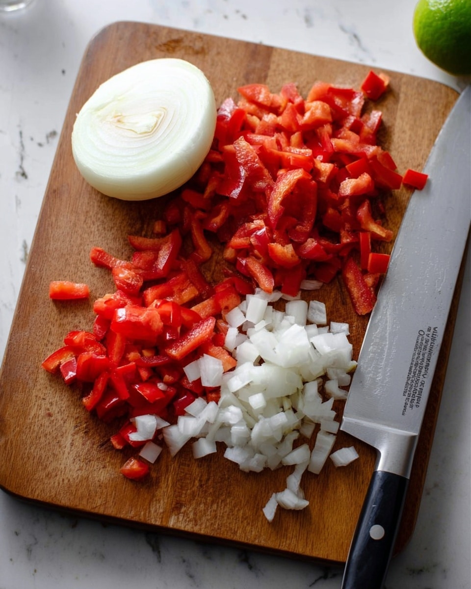 The image shows a wooden cutting board placed on a white marbled surface. On the board, there is a half white onion with smooth rings on the left side. Next to it, there are two piles of chopped vegetables: finely diced white onion pieces and bright red bell peppers cut into small cubes. A large kitchen knife with a silver blade and black handle lies on the right side of the cutting board, with some pieces of red bell pepper resting near the blade. In the top right corner of the image, a green lime is partially visible. photo taken with an iphone --ar 4:5 --v 7