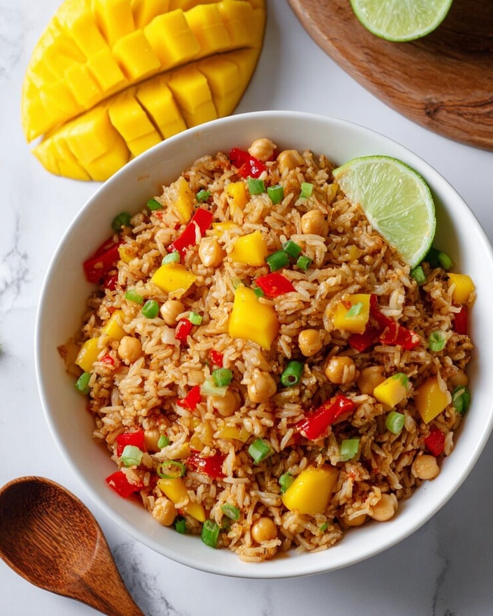 A white bowl filled with three layers of fried rice mixed with small diced red bell peppers, yellow mango cubes, chopped green onions, and chickpeas, with some small onion pieces scattered throughout. The rice has a light brown color from sauce or seasoning, and a lime wedge rests on the edge of the bowl on the top right side. To the back left of the bowl, there is a whole yellow mango, partially sliced in a grid pattern. A wooden spoon lies on the white marbled surface next to the bowl. Photo taken with an iphone --ar 4:5 --v 7