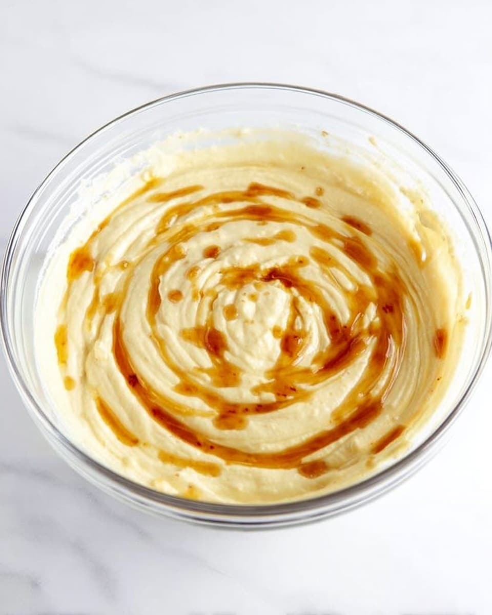 A clear glass mixing bowl filled with a creamy, pale yellow batter that has smooth, thick swirls throughout. On top of the batter, amber-colored syrup is gently swirled in a circular pattern, creating a marbled effect. The bowl is placed on a white marbled surface that contrasts with the pale batter and amber syrup highlights. The image is bright and evenly lit, showing details of the creamy texture and flowing syrup. photo taken with an iphone --ar 4:5 --v 7