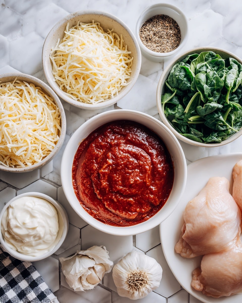 The image shows various white bowls and a white plate arranged on a white marbled hexagonal tile surface. At the center is a medium white bowl filled with red pasta sauce, smooth and thick in texture. Above it, slightly to the left, is a small white bowl filled with shredded mozzarella cheese in a soft, pale yellow color. To the right of the mozzarella is another small white bowl filled with fresh, chopped green spinach leaves. Below the mozzarella is a small white bowl containing finely grated pale yellow parmesan cheese. On the left side at the bottom is a small white bowl holding creamy white ricotta cheese with a smooth texture. Below the pasta sauce is a small white dish with three whole cloves of garlic, off-white in color. To the right, a white plate holds two raw chicken pieces with a smooth, pale pink skin. Also visible are two small ceramic bowls, one filled with salt and pepper mix and the other with light brown Italian seasoning. A woman’s hand with a checkered cloth lightly touches the bottom left corner of the image. Photo taken with an iphone --ar 4:5 --v 7
