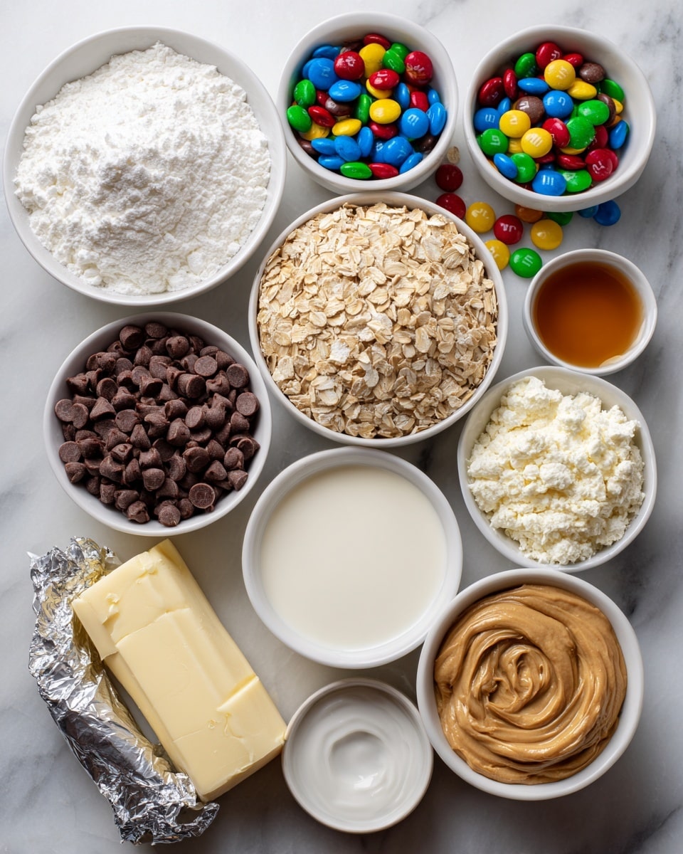 The image shows ten white round bowls and small white dishes arranged on a white marbled surface, each filled with different ingredients. The top left bowl holds white powdered sugar with a soft, fluffy texture, and to its right is another bowl filled with small, colorful M&M candies in red, blue, yellow, green, and brown. Below the powdered sugar, a bowl filled with small, smooth chocolate chips sits next to a bowl of light beige oats with a rough texture. To the right, a bowl of white milk has a smooth surface. In the center bottom, a glossy ball of peanut butter shows smooth swirls of light brown color. Next to it is a wrapped block of cream cheese with a silver wrapper. At the bottom left, a stick of pale yellow butter rests on the surface, while near it, a small white bowl contains coarse white sea salt. Another small bowl filled with light brown fluffy brown sugar is near a bowl of amber-colored vanilla liquid. The items are neatly spaced, and the overall lighting is bright and clear. Photo taken with an iphone --ar 4:5 --v 7