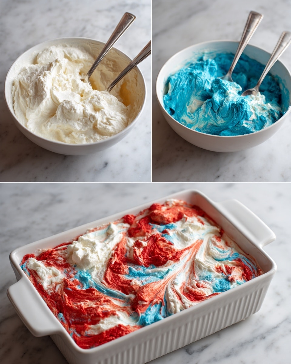The image shows a step-by-step visual of making a colorful layered dessert in a white rectangular baking dish. The first layer is a white batter mixed with oil, flour, and water. Then there are two separate bowls of thick batter, one bright blue and one bright red, shown with spoons. These colored batters are spooned on top of the white base in random dollops, creating a patchy look of red and blue blobs side by side. The next photo shows the baked layer with the red and blue colors swirled and blended in a marble style with some holes poked on the surface. After that, a white creamy layer made from powdered sugar and milk is poured evenly over the colorful baked layer, showing a smooth but slightly textured surface. The final step is a thick white creamy topping spread smoothly on top, covering the entire dish. All layers are shown on a white marbled surface. Photo taken with an iphone --ar 4:5 --v 7