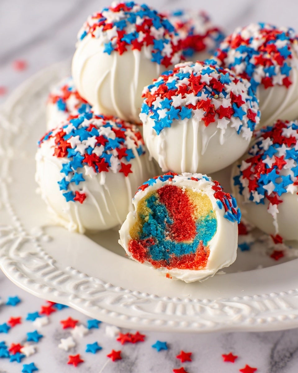 The image shows a close-up of round cake balls placed on a white plate with a decorative edge. Each cake ball has two layers: the inside layer is rainbow-colored with red, blue, and yellow shades swirled together, while the outside layer is smooth white icing. Over the white icing, there are red, blue, and white star-shaped sprinkles scattered on top. One cake ball is cut in half, showing the colorful inside clearly, while the others are whole. The background has a white marbled texture with some star sprinkles scattered on it. Photo taken with an iphone --ar 4:5 --v 7