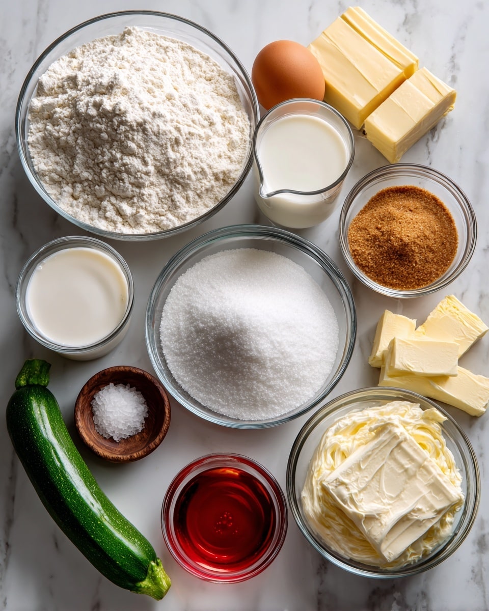 The image shows several clear glass bowls and small containers arranged on a white marbled surface, each holding a different baking ingredient. There is one large bowl filled with white flour, a medium bowl of white granulated sugar, and a smaller bowl with light brown sugar. Next to them are a clear glass of white milk and a red liquid in a smaller glass. A large egg, two sticks of yellow butter, a green zucchini, and a small pile of white cream cheese in a bowl are also present. Additionally, there is a bowl with white powdered sugar, a small amount of salt, a pinch of cinnamon in a separate small container, and two packs of yellow yeast packets. Each ingredient is labeled with black text above or beside it. Photo taken with an iphone --ar 4:5 --v 7