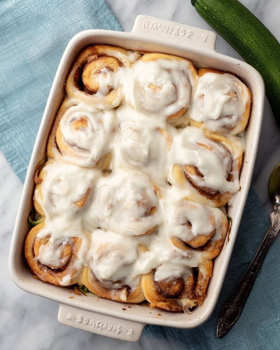 The image shows a white rectangular baking dish filled with a batch of cinnamon rolls covered with a thick layer of creamy white icing. The rolls are closely packed in two vertical rows, with some areas showing the golden-brown color of the baked dough beneath the smooth, glossy icing. The dough has a swirled texture, typical of cinnamon rolls, visible especially where the icing is thinner. The dish sits on a white marbled surface, with a light blue cloth and a spoon with text visible to the side, along with two whole zucchinis nearby. Photo taken with an iphone --ar 4:5 --v 7