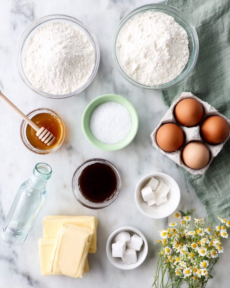 The image shows various baking ingredients arranged neatly on a white marbled surface. There are two clear glass bowls filled with white powdery flour and powdered sugar, positioned diagonally from each other. A light green bowl containing white granulated sugar sits near the center. On the right top corner, a white carton holds two brown eggs placed on a pale green cloth. Nearby, are two small white bowls, one with salt and the other empty or containing a small amount of white powder. A short glass jar with honey and a wooden honey dipper is placed near two sticks of butter stacked at the bottom left. A tall clear glass bottle of water is on the left side. A small white bowl with dark brown vanilla extract is below the sugar bowl, and two small white wrapped cubes of butter or similar sit above the sugar bowl. A small bunch of small white and yellow flowers adds a delicate touch on the right side. The whole setting is bright and clean with soft natural light. Photo taken with an iphone --ar 4:5 --v 7