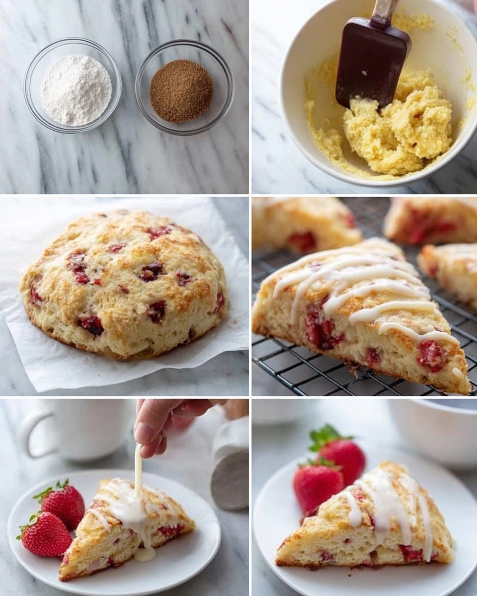The image shows six steps of making a strawberry scone. The first panel has a clear bowl with white sugar, brown sugar, and flour in separate piles on a white marbled surface. The second panel shows a close-up of a white bowl with a rough yellowish dough being mixed with a dark brown spatula held by a woman's hand. The third panel displays the dough shaped into a round flat disc with visible red strawberry pieces, placed on white parchment paper on a white marbled surface. The fourth panel shows a triangular golden-brown baked scone with red strawberry bits on a metal cooling rack on the white marbled surface. The fifth panel focuses on a white plate with a single scone slice being drizzled with white icing from a white cup. The sixth panel presents the same scone slice on a white plate, next to two fresh whole strawberries and a white coffee cup in the background, all placed on the white marbled surface. photo taken with an iphone --ar 4:5 --v 7