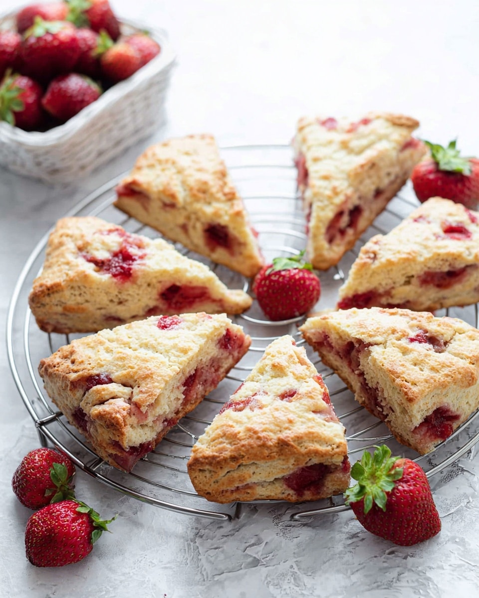 The image shows eight triangular strawberry scones arranged in a circular shape on a round metal cooling rack. Each scone is light golden brown with visible pieces of bright red strawberries baked inside. Around the scones, fresh whole strawberries with green tops are placed on a white marbled surface. In the background, there is a white basket full of more red strawberries. The scene is bright with soft natural light, making the colors of the scones and strawberries stand out clearly. Photo taken with an iphone --ar 4:5 --v 7