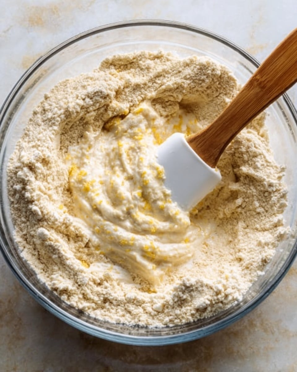 A clear glass bowl sitting on a white marbled surface holds a mixture of light beige flour and creamy wet ingredients. The flour forms a rough base layer, dry and powdery, while a thick, pale liquid with small yellow bits is being stirred in the middle. A white spatula with a wooden handle is partially submerged, blending the wet and dry parts together. The scene shows the beginning stage of mixing batter. Photo taken with an iphone --ar 4:5 --v 7