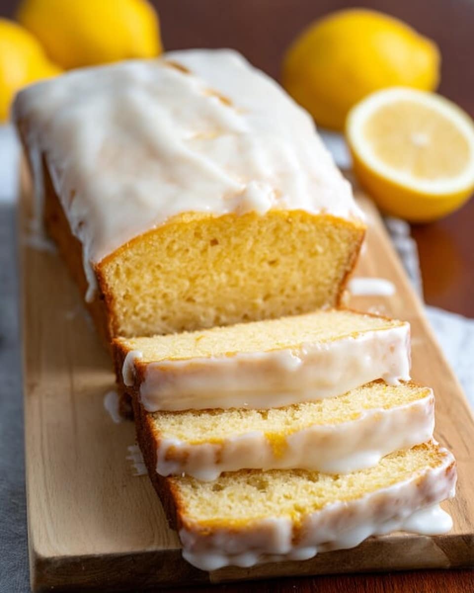A loaf of lemon cake is shown on a light brown wooden surface with a white marbled texture underneath, partially sliced with four thick pieces in front of it. The cake has a pale yellow inside that looks soft and moist, while the outside is coated with a smooth glossy white icing that covers the top and drips slightly down the sides. Around the cake, there are whole fresh yellow lemons blurred in the background. The image has soft lighting and a close-up view. Photo taken with an iphone --ar 4:5 --v 7