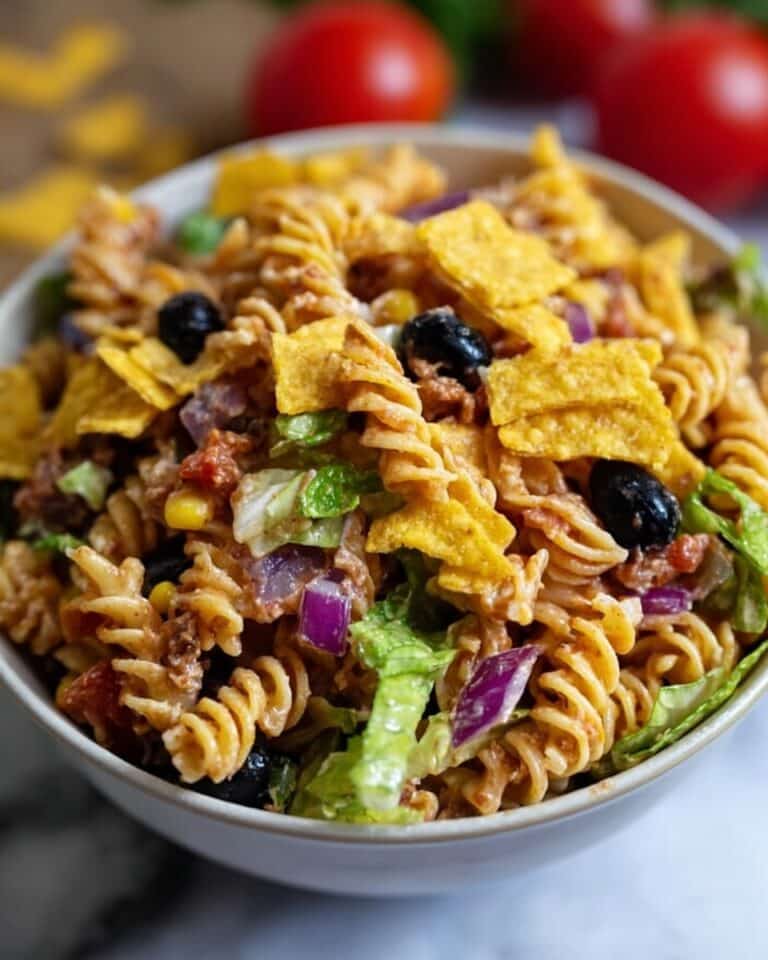Taco Pasta Salad with Ground Beef, Black Beans, Corn, and Doritos Recipe