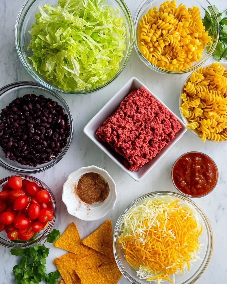 The image shows multiple clear glass bowls and a white dish arranged on a white marbled surface, each containing different colorful ingredients. There is a large bowl filled with bright green shredded lettuce, a smaller bowl with yellow corn kernels, a bowl with dark black beans, and another bowl holding yellow spiral pasta. A white dish contains a block of red ground meat with visible texture, divided slightly in the middle. A bowl with shredded yellow and white cheese is in the foreground, along with a bowl of bright red cherry tomatoes cut in half. A small white bowl holds a brown seasoning powder, and a glass bowl contains vibrant red sauce. Nearby are a few crunchy orange triangular chips and fresh green cilantro leaves. The composition is colorful and bright, with a clean neat look. photo taken with an iphone --ar 4:5 --v 7