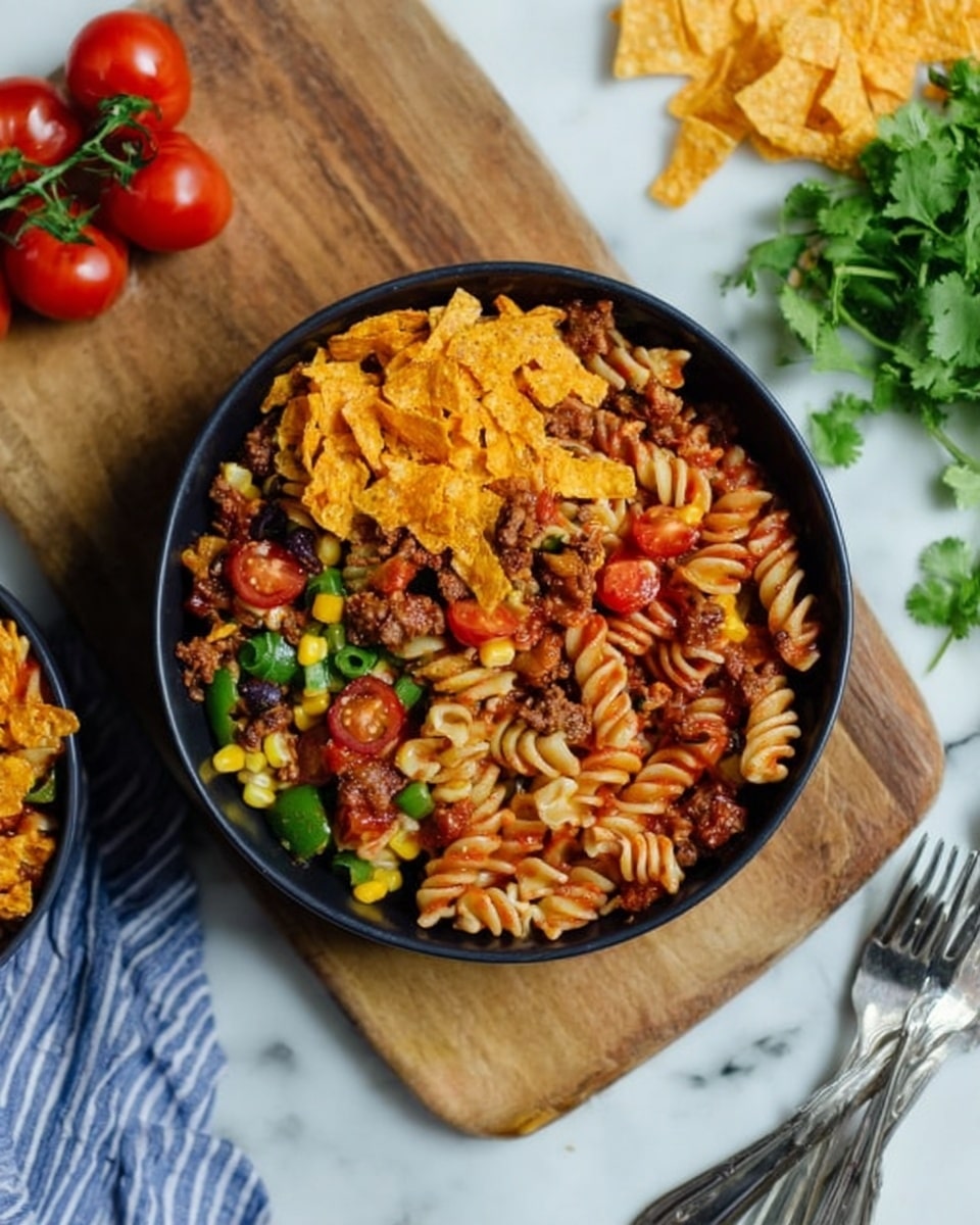 The image shows a black bowl filled with a colorful pasta dish placed on a wooden board over a white marbled surface. The dish has three visible layers: the base is made of spiral pasta coated with red tomato sauce, mixed with small pieces of browned meat and kernels of yellow corn; the middle layer includes chopped green and red bell peppers and halved cherry tomatoes, adding bright green and red colors; the top layer is sprinkled with crushed orange tortilla chips, giving a crunchy texture. Around the bowl, there are some whole cherry tomatoes, fresh green cilantro, loose tortilla chips, and two metal forks near a cloth napkin with blue and white stripes. Photo taken with an iphone --ar 4:5 --v 7