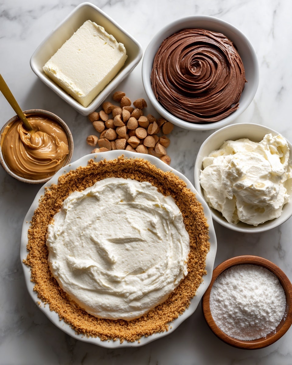 The image shows ingredients arranged around a white pie dish with a light brown crumb crust made from graham crackers. A block of smooth white cream cheese sits in a white dish at the top left. Top center has small round pieces of brown peanut candies. At the top right, a small white bowl holds swirled dark brown chocolate spread. On the bottom left, a small wooden bowl contains creamy light brown peanut butter with a gold spoon sticking out. Next to it, a white bowl is filled with smooth white whipped topping. To the bottom right, a wooden bowl holds fine white powdered sugar. All items rest on a white marbled surface. Photo taken with an iphone --ar 4:5 --v 7