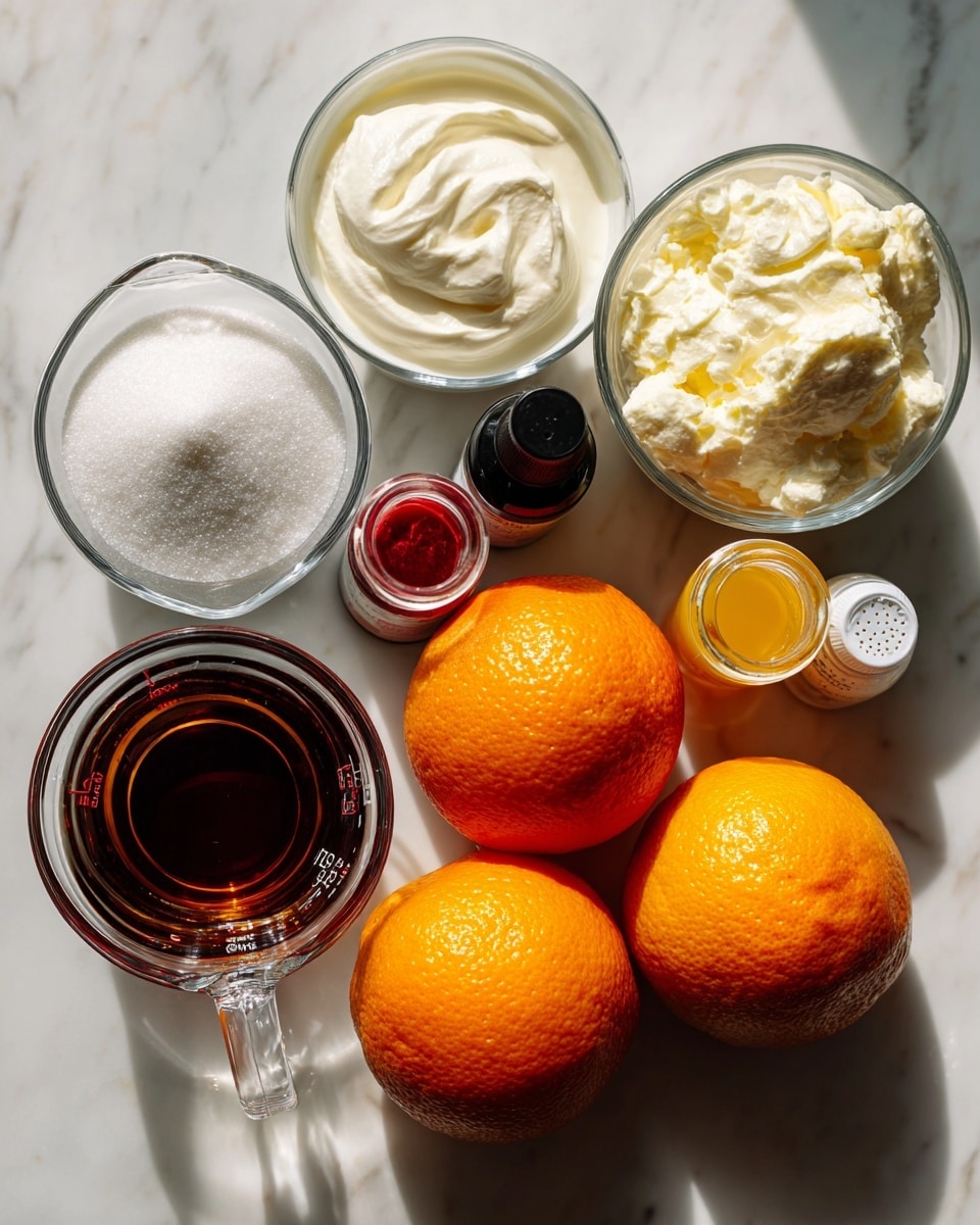 The image shows various ingredients laid out neatly on a white marbled surface. There are two whole bright orange oranges placed side by side in the bottom right. Above them is a small glass container with dark amber vanilla extract. To the left, two clear glass measuring cups, one filled with white whole milk and the other with thick heavy cream, are placed side by side. Next to these is a small bowl filled with granulated white sugar. Above the vanilla extract are two tiny bottles of red and yellow food coloring. A small black bottle of orange extract is also present near the center. The overall scene is bright with clear shadows, displaying the ingredients for a recipe clearly arranged. photo taken with an iphone --ar 4:5 --v 7
