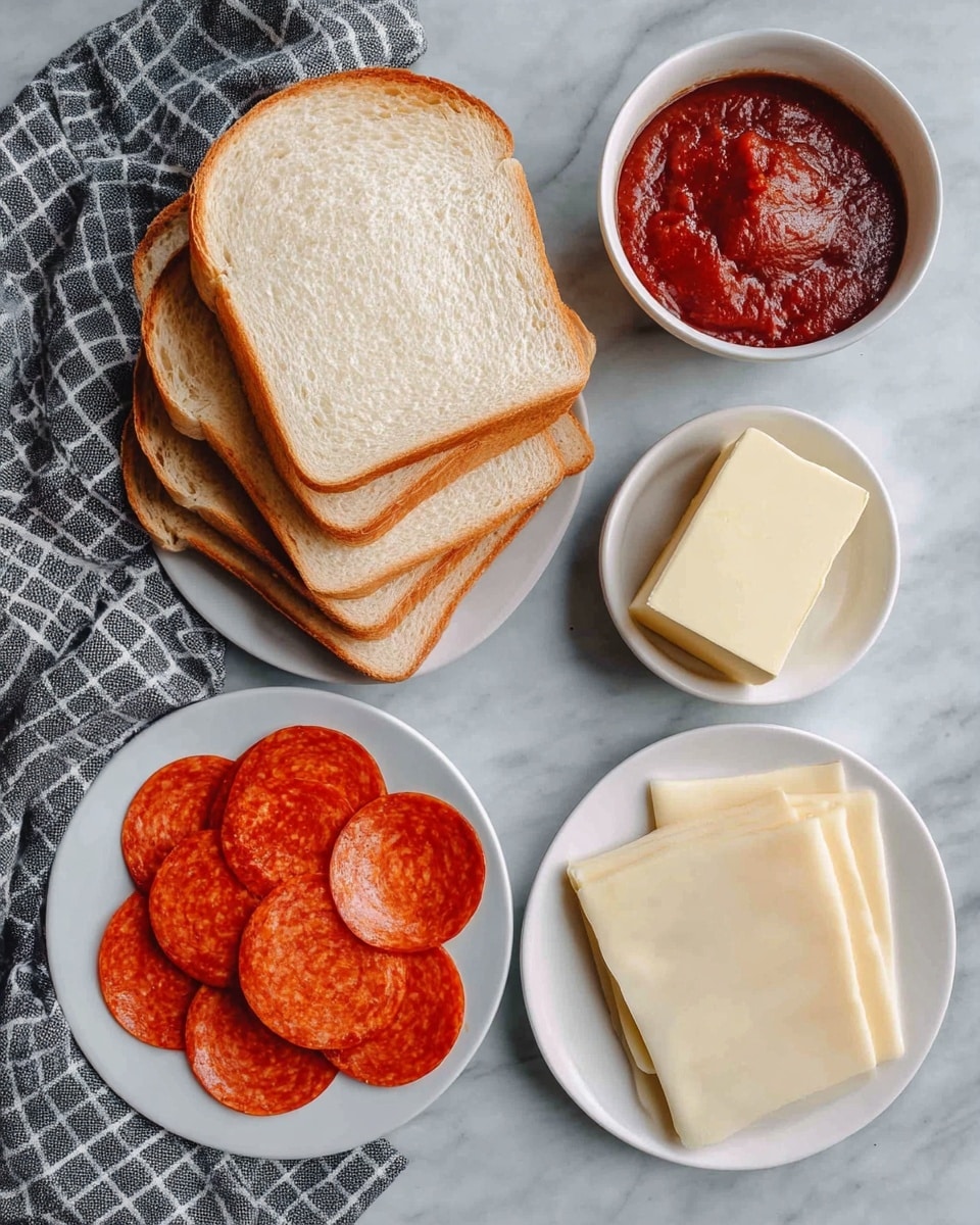 The image shows ingredients for making a pizza sandwich, arranged neatly on a white marbled surface. There are two stacks of light brown bread slices with soft texture and golden edges, placed at the top left and right. Below, a white plate holds a neat pile of round, red pepperoni slices with a slightly shiny surface. Next to it on the right, another white plate has a stack of square, smooth, pale yellow cheese slices. Above these, a small white bowl contains a rectangular block of light yellow butter, and beside it, a larger white bowl is filled with thick, dark red tomato sauce with a slightly chunky texture. A checkered cloth with shades of gray and white is draped partly on the left side of the frame. The photo was taken with an iphone --ar 4:5 --v 7