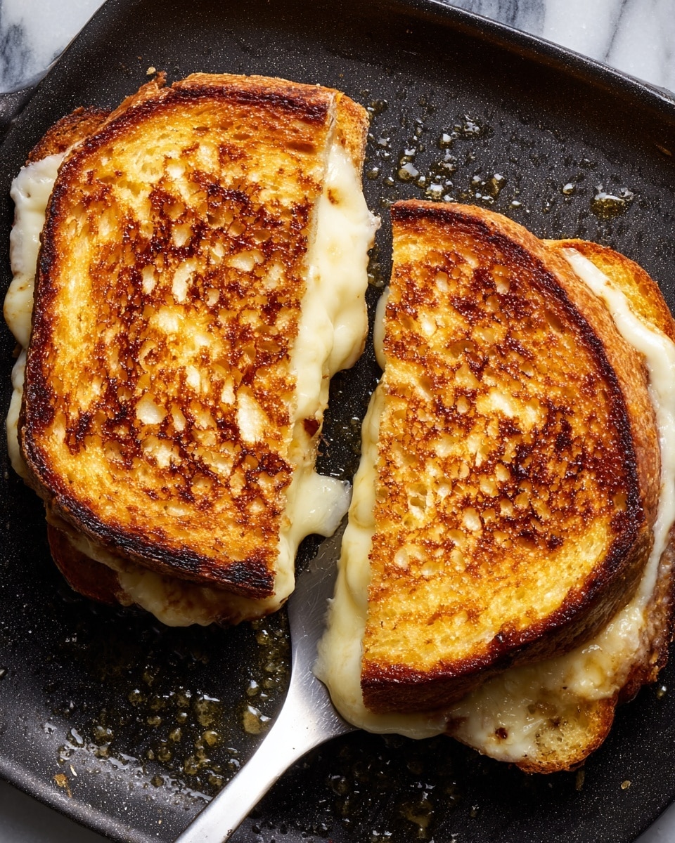 The image shows two grilled cheese sandwiches cooking on a dark cooking surface with a shiny metal spatula nearby. Each sandwich has two slices of toasted bread with a golden to dark brown crust that appears crisp and slightly uneven in color. Between the slices, there is a layer of melted white cheese visible at the edges. The sandwiches are positioned side by side on the surface, which has small bubbles of melted cheese or oil near the sandwiches. The background is a white marbled texture. photo taken with an iphone --ar 4:5 --v 7