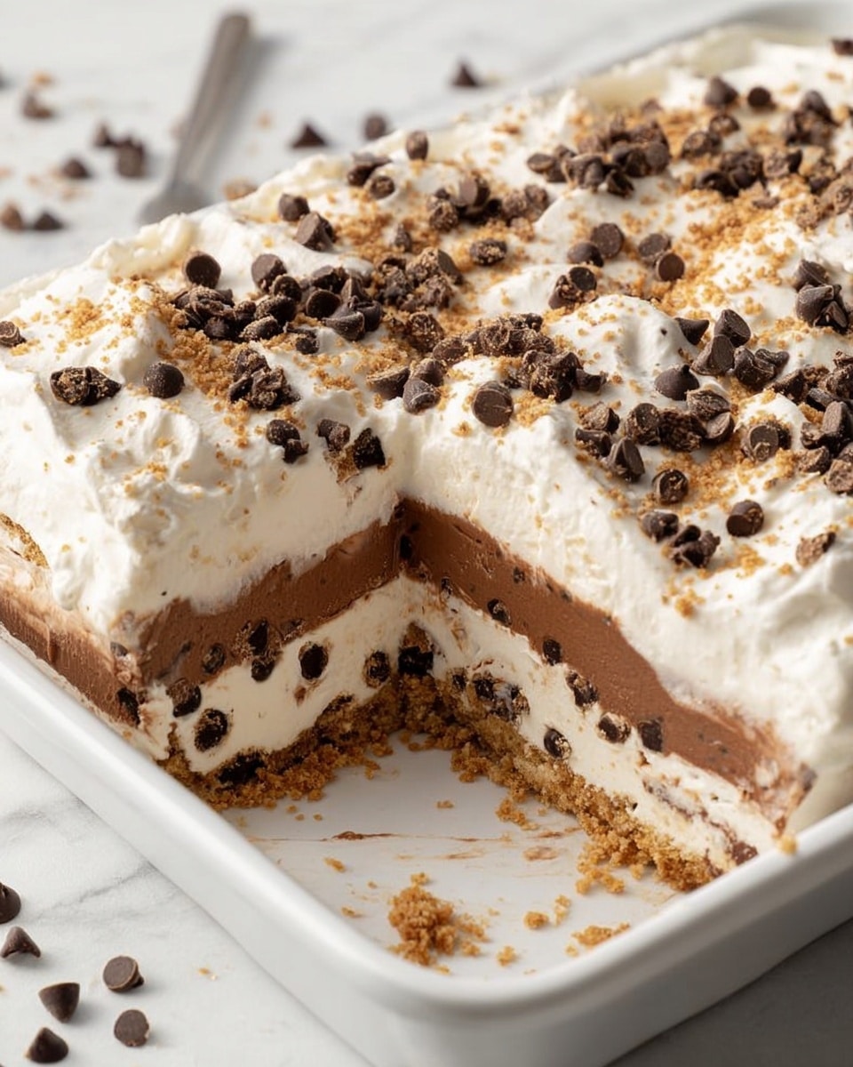 The image shows a dessert in a white rectangular dish with four clear layers. The bottom layer is a light brown crumbly base. Above it is a thick cream layer with dark chocolate chips mixed in, white with black spots. The third layer is a smooth dark chocolate cream, rich and even. The top layer is fluffy white whipped cream, uneven but soft, with scattered dark chocolate chips and small brown crumbs on top. A large piece has been removed, revealing the layers inside. The background is white marbled texture. photo taken with an iphone --ar 4:5 --v 7