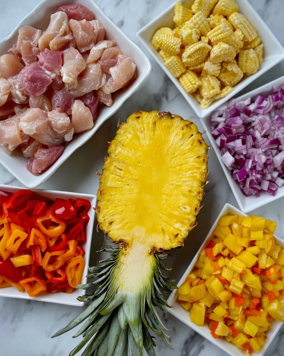 The image shows a white marbled surface with a halved pineapple in the center, the top half hollowed out and showing bright yellow flesh inside. To the left of the pineapple, there is a white dish filled with raw chicken pieces with light pink and white colors. Above the pineapple are two white square plates; one holds small, pale yellow baby corn, and the other is filled with four piles of chopped vegetables: purple-red onion, orange bell pepper, red bell pepper, and yellow bell pepper, all cut into small visible cubes. Photo taken with an iphone --ar 4:5 --v 7