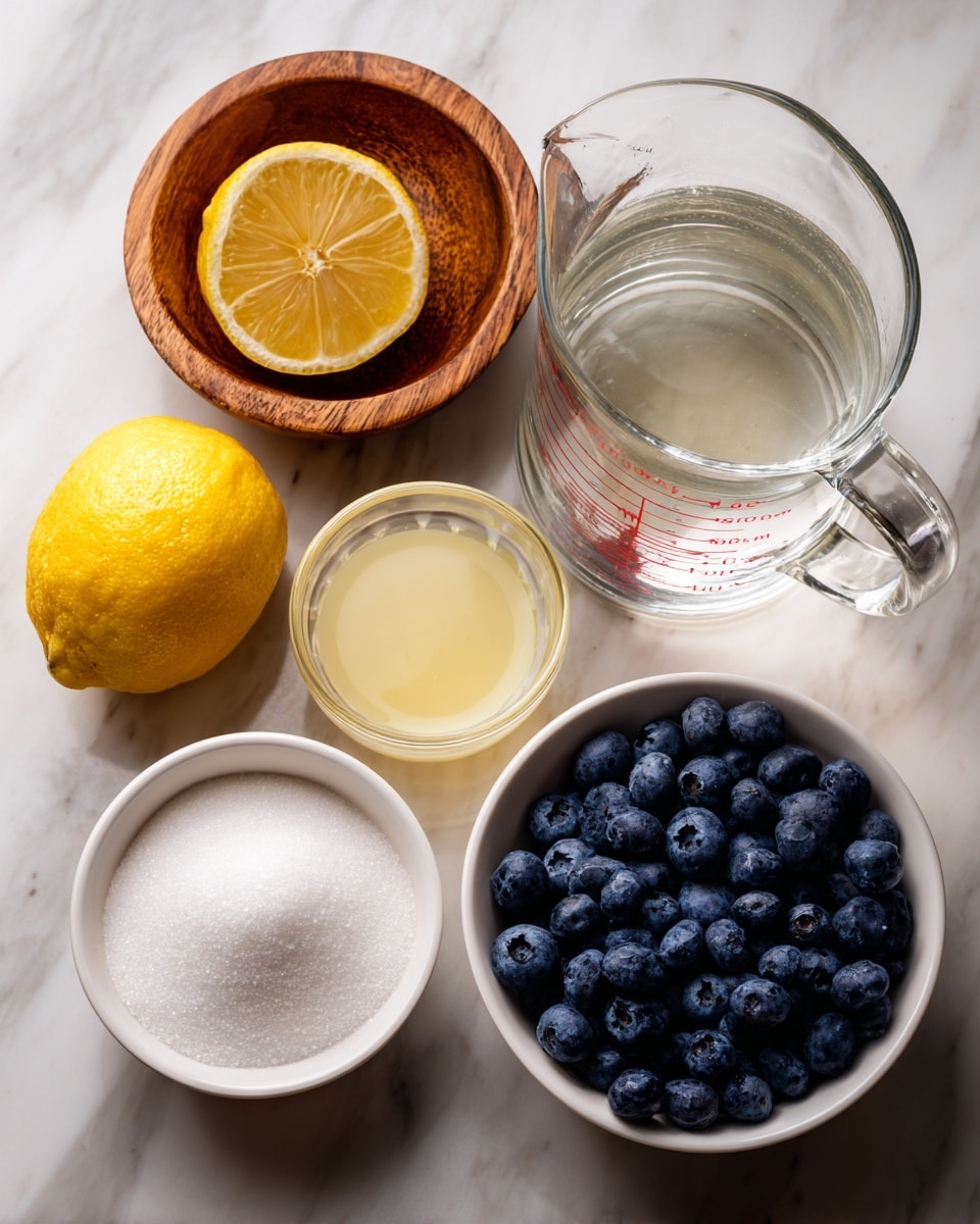 The image shows five items placed on a white marbled surface. At the top left is a wooden lemon juicer next to half a squeezed lemon with a bright yellow color and textured inside. To the right of the lemon is a small clear glass pitcher filled with pale yellow lemon juice. Below the lemon juice is a large clear glass pitcher filled with transparent water, showing red measurement marks on its side. To the right of the water pitcher, a white bowl is filled with white sugar, smooth and even in texture. Finally, at the bottom right, a white bowl holds a heap of dark blue blueberries with a fresh, slightly shiny surface. Photo taken with an iphone --ar 4:5 --v 7