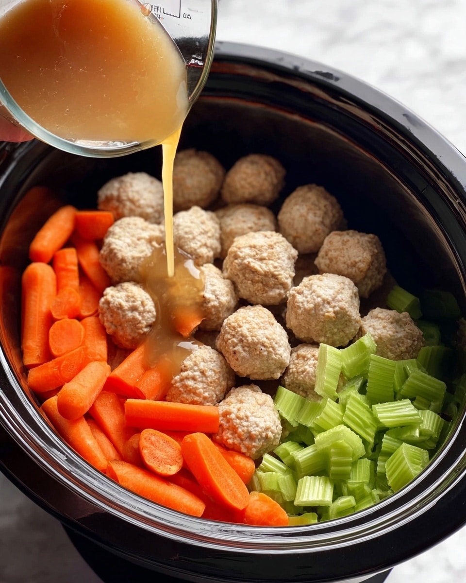 Inside a black slow cooker, there are three layers of ingredients clearly visible: bright orange baby carrots placed on the left side, light beige uncooked meatballs clustered in the center, and fresh green chopped celery on the right side. Above these layers, a woman's hand is pouring light brown broth from a glass measuring cup, creating a smooth stream into the cooker. The inside rim of the pot is shiny black, and the arrangement of ingredients is neat and well spaced. The setting is on a white marbled surface. photo taken with an iphone --ar 4:5 --v 7