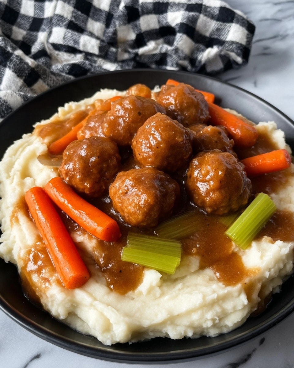 A black plate holds a thick base layer of creamy white mashed potatoes, smooth yet slightly textured, topped with a rich brown gravy layer that covers a cluster of small round meatballs, soft in texture and coated with the gravy. Scattered among the meatballs are bright orange baby carrots and light green celery sticks, both glossy from the gravy. In the background, a black and white checkered cloth is slightly visible, and the surface beneath is a white marbled texture. photo taken with an iphone --ar 4:5 --v 7