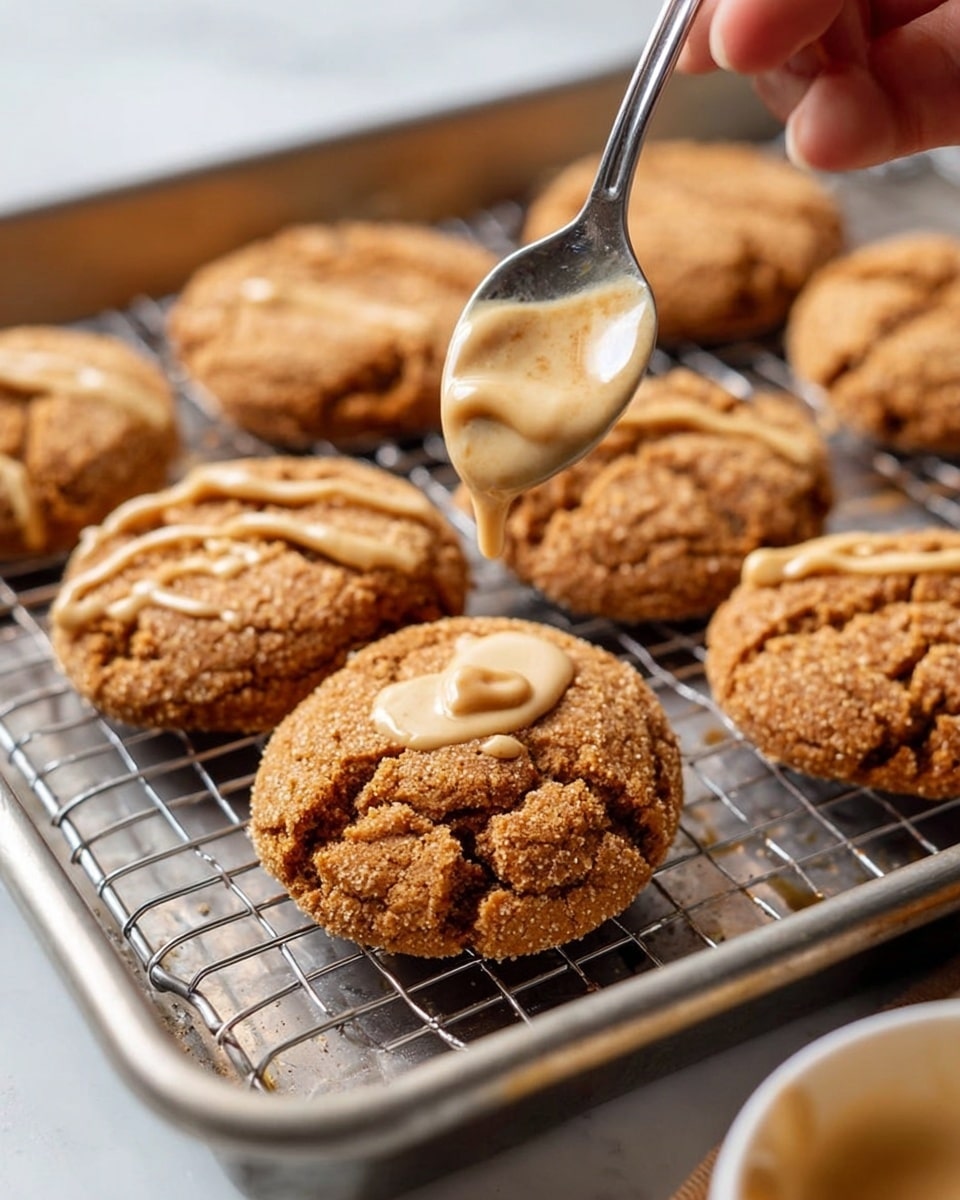 Seven round light brown cookies with a rough texture sit on a metal wire rack inside a metal baking tray placed on a white marbled surface. A woman's hand holds a metal spoon above one cookie, drizzling a light beige thick sauce in a zigzag pattern over it. The cookies have a cracked, slightly uneven surface showing their crumbly texture. photo taken with an iphone --ar 4:5 --v 7