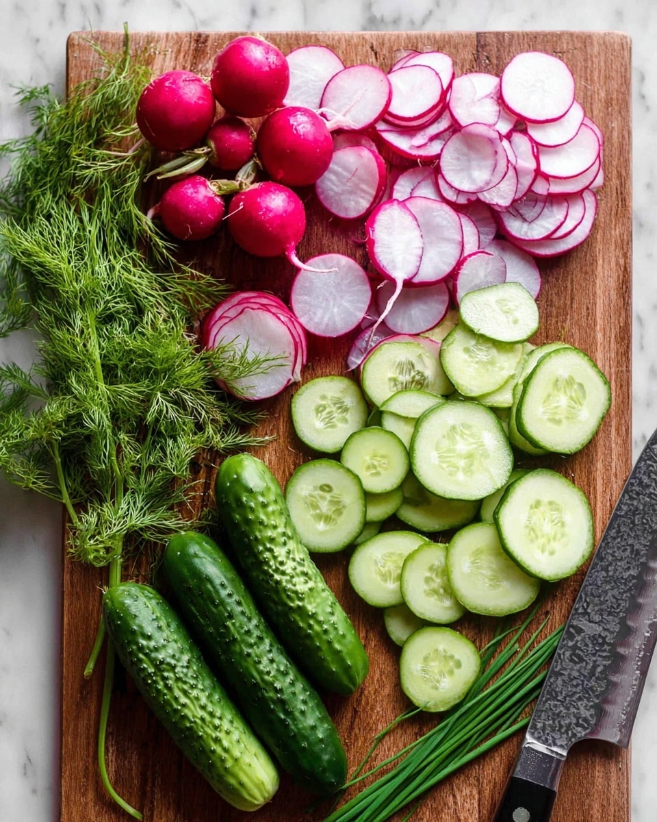 The image shows a wooden board with fresh vegetables neatly arranged. On the top left, there are whole and sliced radishes with a bright pink outer layer and white inside, cut in thin rounds. To the right of the radishes, there are thin, round cucumber slices with a light green center and dark green edges. Below the cucumber slices are two whole cucumbers with a bumpy dark green skin. Sprigs of fresh green dill with delicate feathery leaves are placed near the bottom left corner, while some green chives lie on the top right. A sharp knife with a textured blade is visible at the bottom right corner. The background is a white marbled surface. Photo taken with an iphone --ar 4:5 --v 7