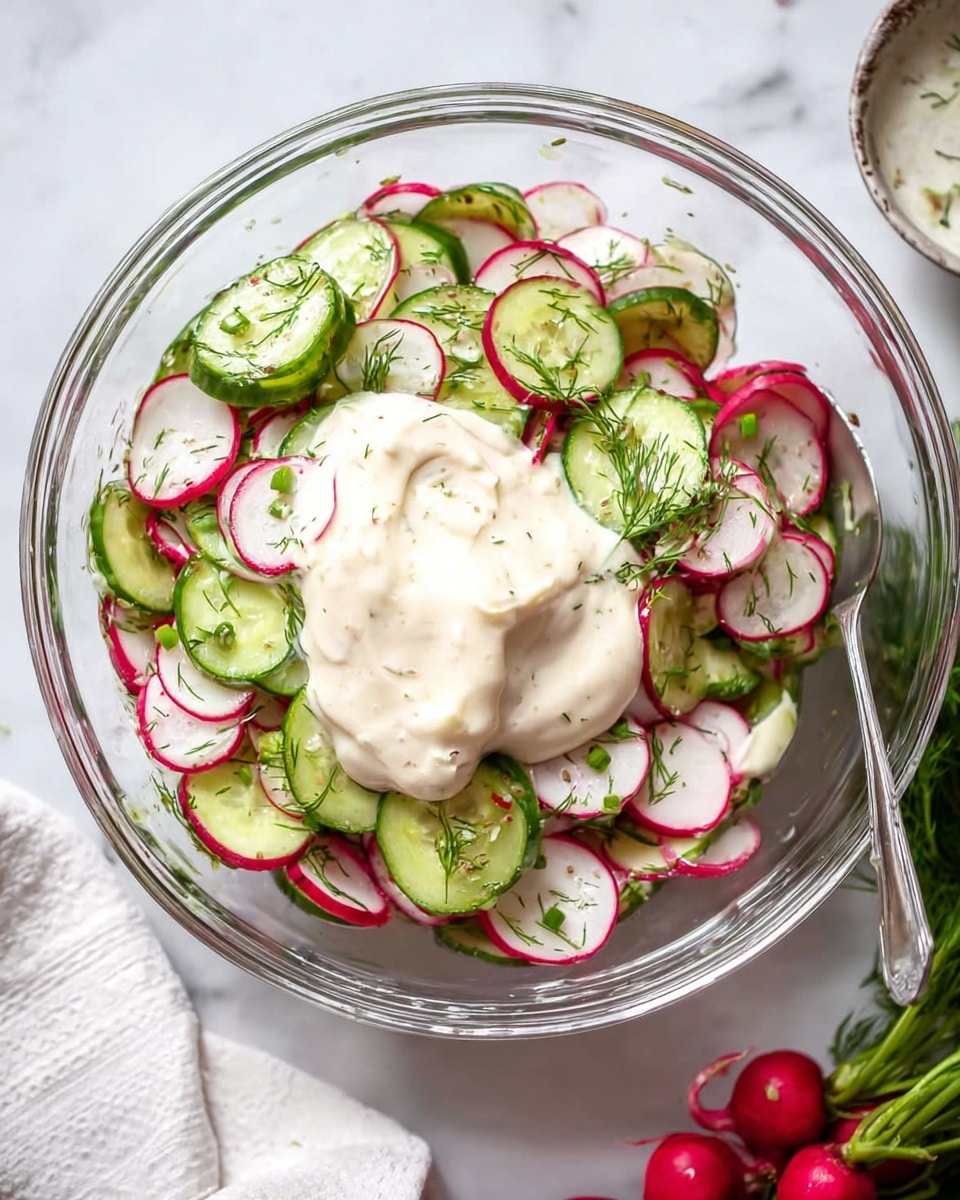A clear glass bowl filled with thinly sliced green cucumbers and white radishes with pink edges, sprinkled with small green dill pieces. On top of the vegetable mix is a generous dollop of smooth, off-white creamy sauce. A silver spoon rests inside the bowl on the right side. The bowl sits on a white marbled surface with a sprig of fresh dill and a white cloth nearby, while a small bunch of radishes is partially visible at the bottom right corner. Photo taken with an iphone --ar 4:5 --v 7